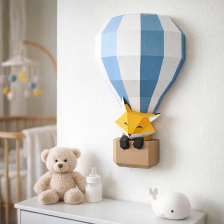 Papercraft bébé renard dans une mongolfière 3D