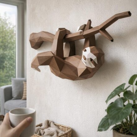 Papercraft paresseux suspendu à sa branche en 3D