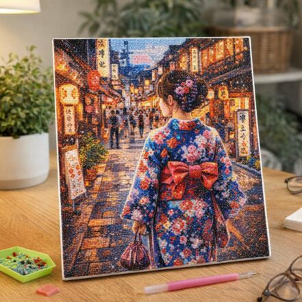 Broderie Diamant - Femme en Yukata dans une Rue animée
