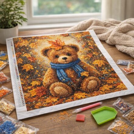 Broderie Diamant - Ourson et feuilles tombantes