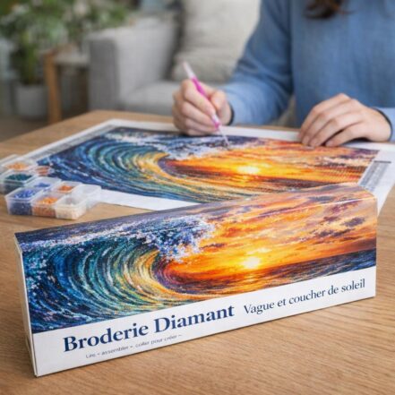 Broderie Diamant - Vague et coucher de soleil