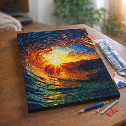Broderie Diamant - Vague et coucher de soleil