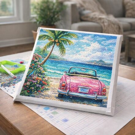 Broderie Diamant - Voiture rose près de la mer