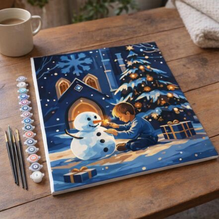 Garçon et Bonhomme de Neige par une Nuit d'Hiver - Toile roulée