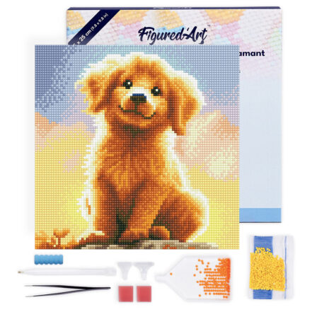 Mini Diamond Painting 25x25cm avec cadre - Adorable Chiot Golden Retriever