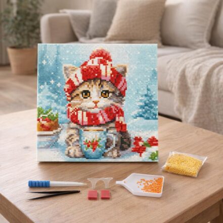 Mini Diamond Painting 25x25cm avec cadre - Chat Mignon avec Écharpe Rouge