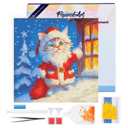 Mini Diamond Painting 25x25cm avec cadre - Chat Père Noël