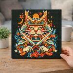 Mini Diamond Painting 25x25cm avec cadre - Chat Samouraï