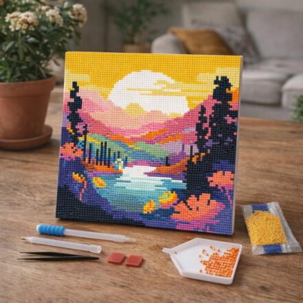 Mini Diamond Painting 25x25cm avec cadre - Coucher de Soleil sur le Lac Doré