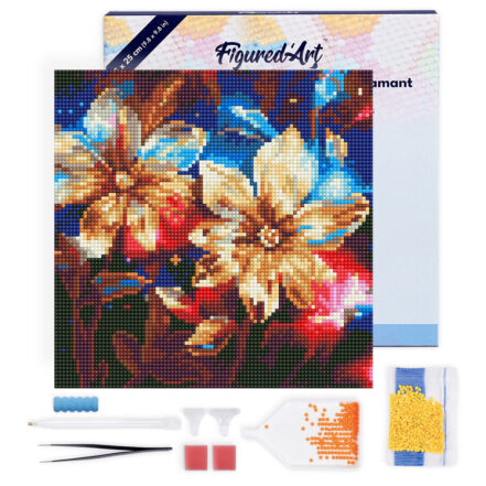 Mini Diamond Painting 25x25cm avec cadre - Fleurs Dorées Brillantes