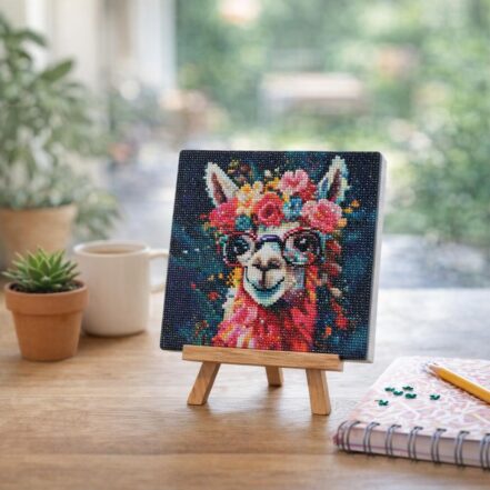 Mini Diamond Painting 25x25cm avec cadre - Lama Fantaisie et Fleurs