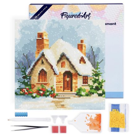Mini Diamond Painting 25x25cm avec cadre - Maison en Briques sous la Neige