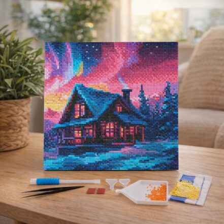 Mini Diamond Painting 25x25cm avec cadre - Maison en Briques sous la Neige