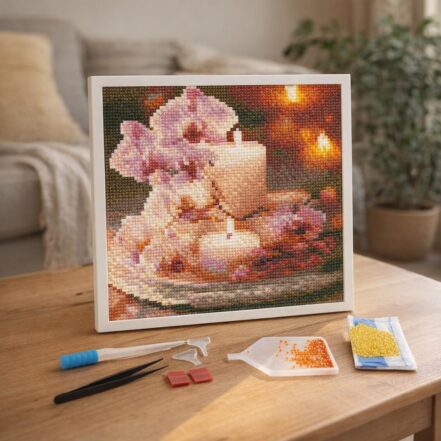 Mini Diamond Painting 25x25cm avec cadre - Orchidées et Bougies