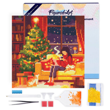 Mini Diamond Painting 25x25cm avec cadre - Paisible au pied du sapin de Noël