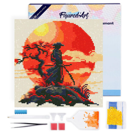 Mini Diamond Painting 25x25cm avec cadre - Samourai au coucher du soleil