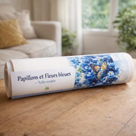 Papillons et Fleurs bleues - Toile roulée