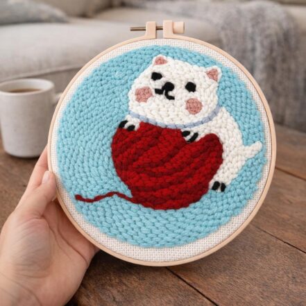 Punch Needle Chat avec pelote de laine
