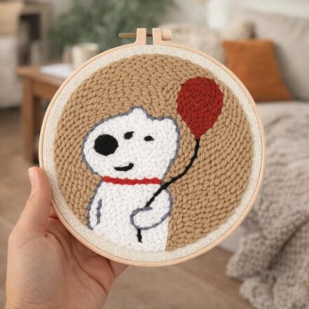 Punch Needle Chien blanc et ballon