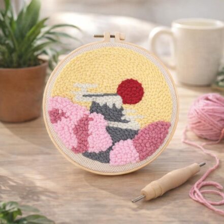 Punch Needle Soleil levant et Cerisiers en Fleurs