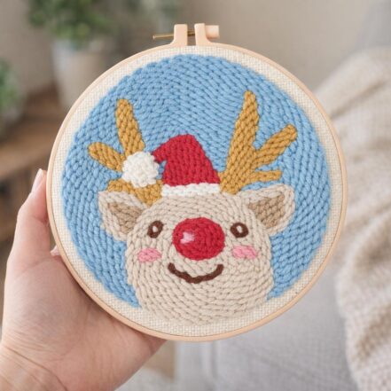 Punch Needle Tête de Renne et Bonnet de Noël