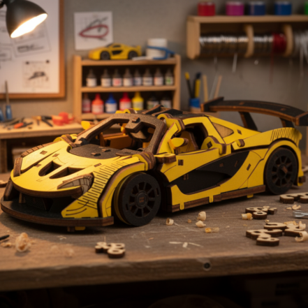 Maquette 3D voiture jaune en bois à construire