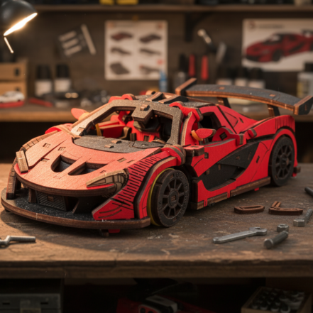 Puzzle 3D mécanique en bois voiture de course rouge