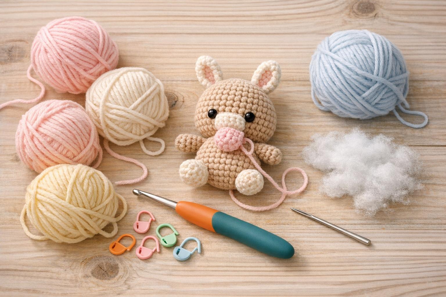 Matériel de crochet et amigurumi en cours de réalisation sur une table en bois