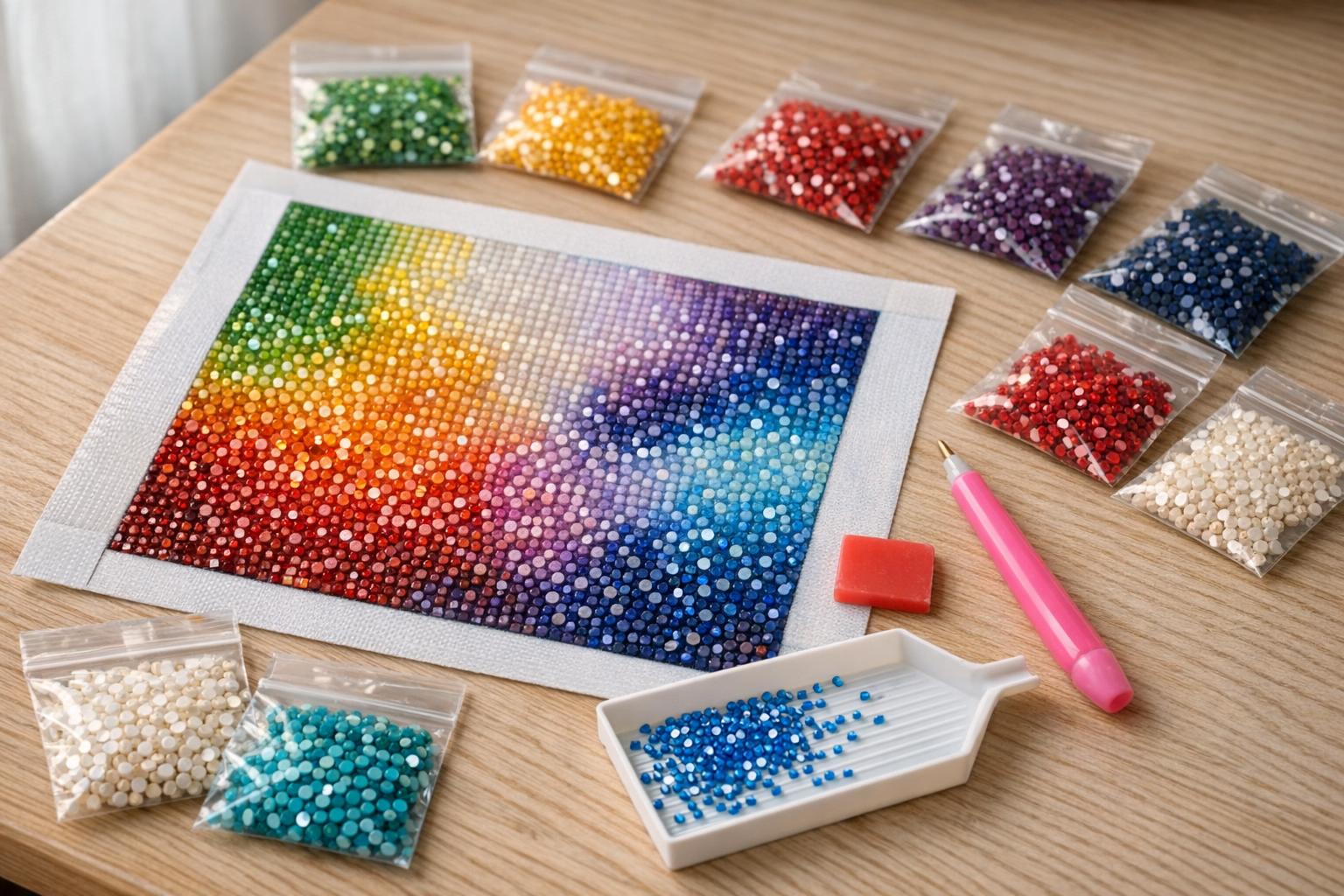 Kit de broderie diamant en cours de réalisation avec toile, stylet, coupelle et sachets de diamants sur une table en bois