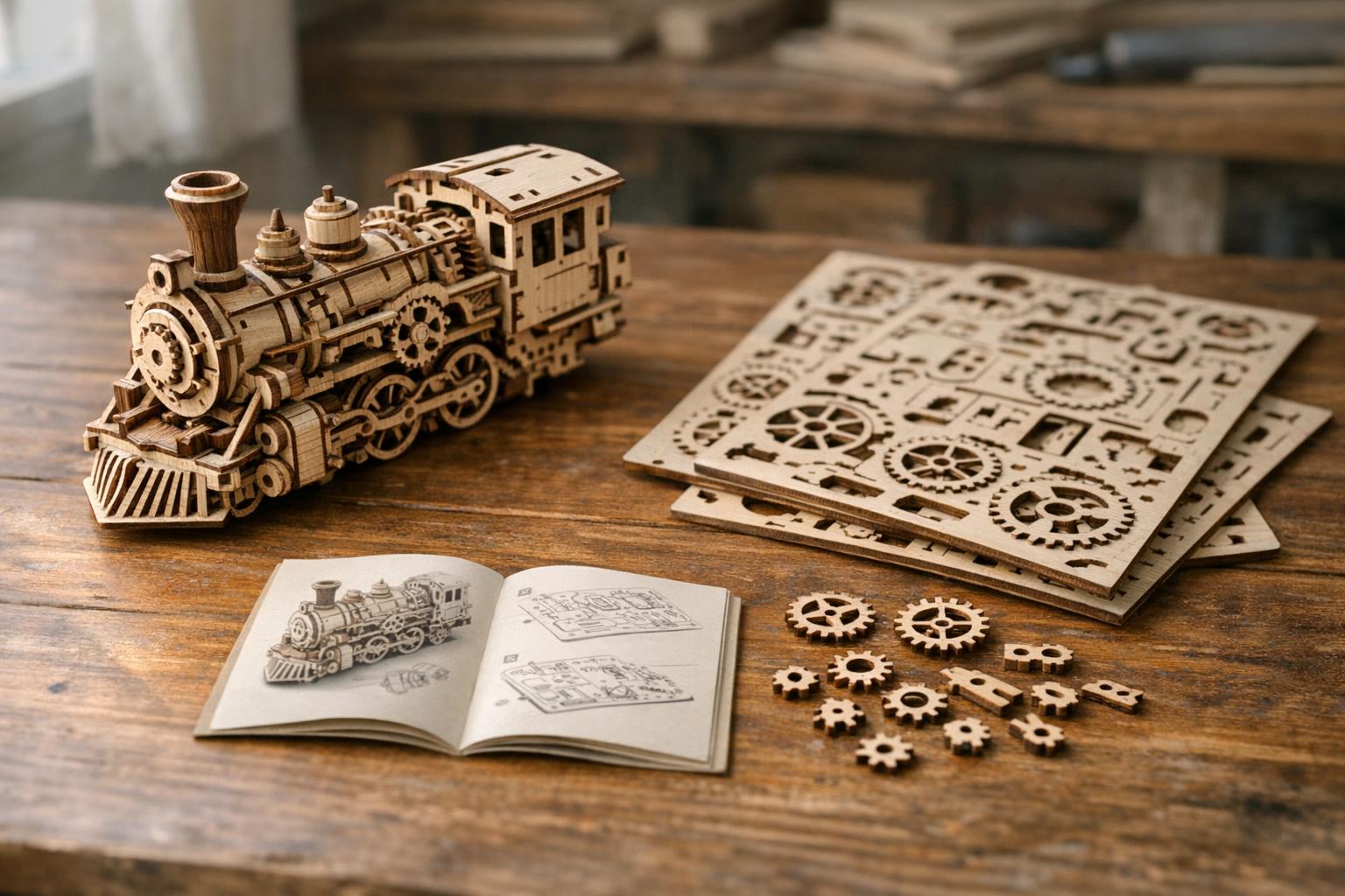 Puzzle 3D en bois mécanique assemblé sur un plan de travail avec planches de pièces découpées au laser