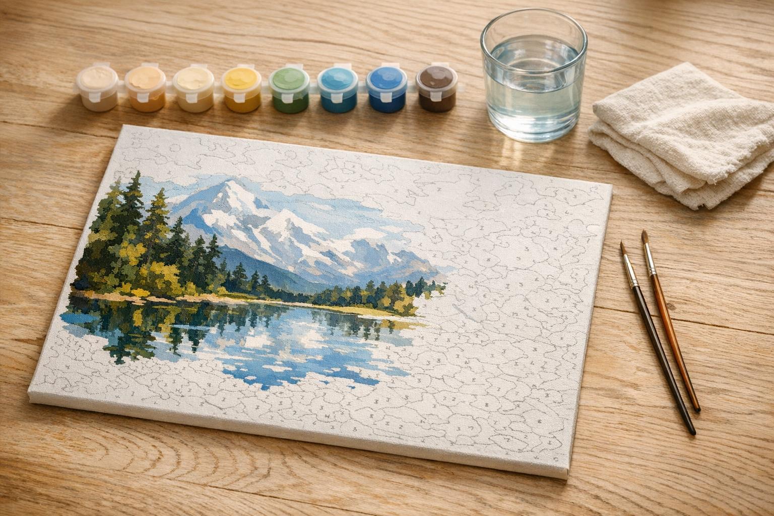 Toile de peinture par numéro en cours de réalisation avec pots de peinture acrylique et pinceaux sur une table