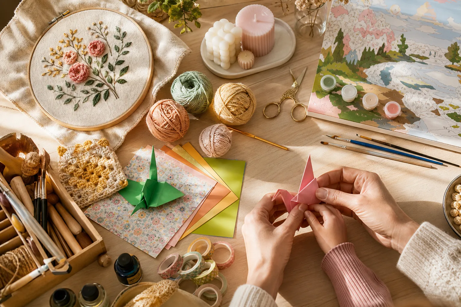 Table d'activités manuelles et de loisirs créatifs : broderie, origami, crochet, peinture par numéros et pelotes de laine