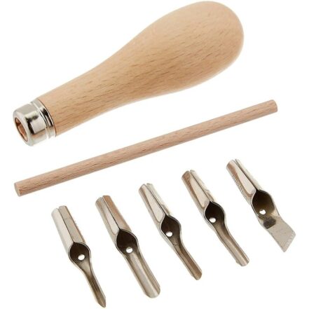 Outils de gravure pour linogravure, manche bois et 5 lames