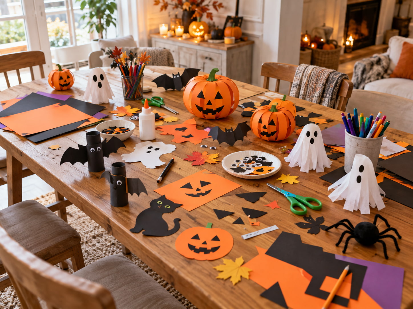 Atelier créatif Halloween installé sur une table avec plusieurs fournitures, décorations en papier et ambiance familiale chaleureuse.
