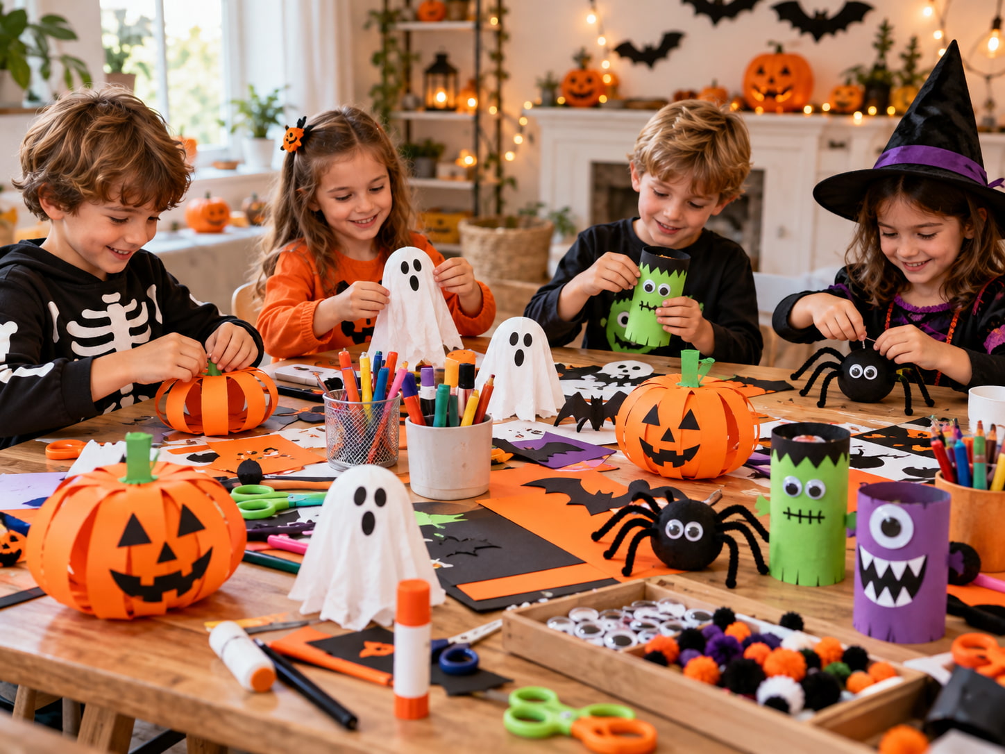 Enfants en train de réaliser des bricolages Halloween simples avec papier, carton et peinture, dans une ambiance créative et joyeuse.