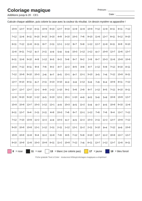 Coloriage magique à imprimer, additions jusqu'à 20 (CE1), fiche 2 en PDF avec solution