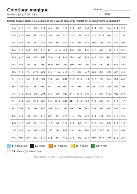 Coloriage magique à imprimer, additions jusqu'à 20 (CE1), fiche 1 en PDF avec solution