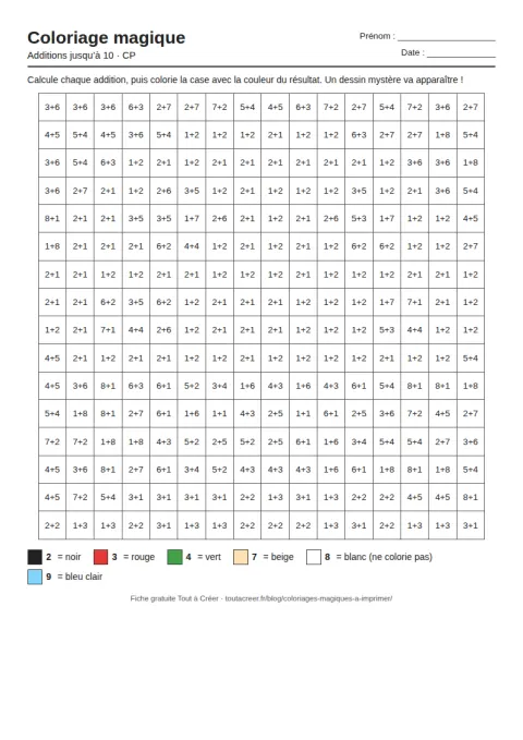 Coloriage magique à imprimer, additions jusqu'à 10 (CP), fiche 1 en PDF avec solution