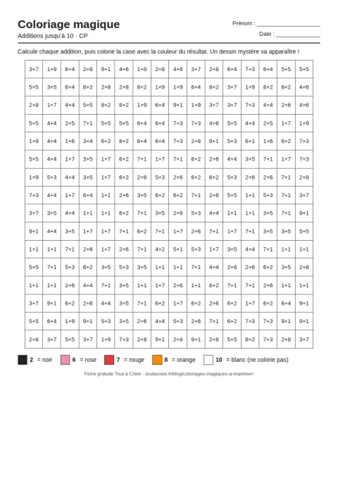 Coloriage magique à imprimer, additions jusqu'à 10 (CP), fiche 2 en PDF avec solution