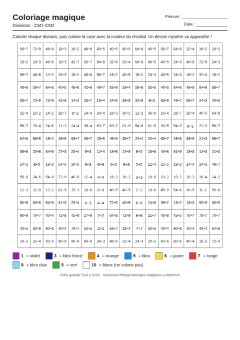 Coloriage magique à imprimer, divisions (CM1-CM2), fiche 2 en PDF avec solution