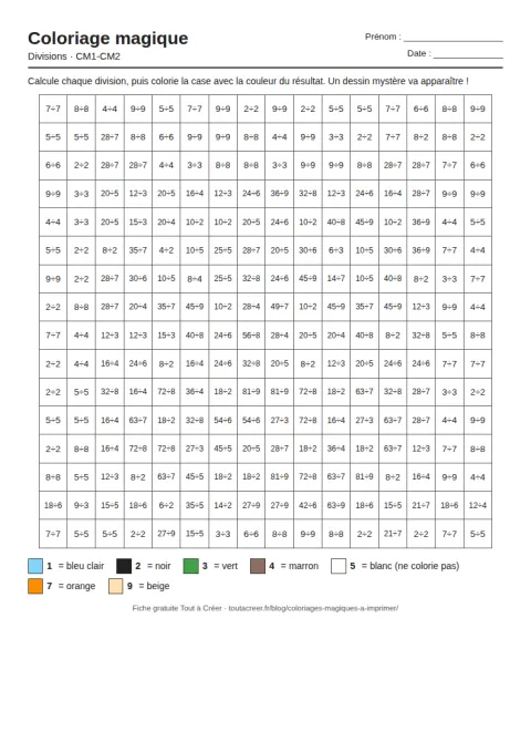 Coloriage magique à imprimer, divisions (CM1-CM2), fiche 1 en PDF avec solution