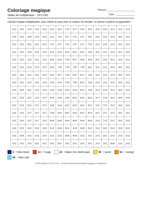 Coloriage magique à imprimer, tables de multiplication (CE2-CM1), fiche 1 en PDF avec solution