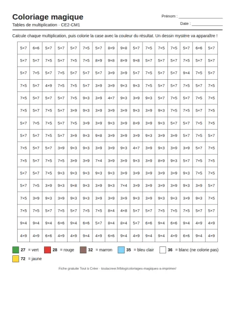 Coloriage magique à imprimer, tables de multiplication (CE2-CM1), fiche 2 en PDF avec solution