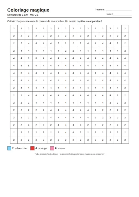 Coloriage magique à imprimer, nombres de 1 à 9 (MS-GS), fiche 1 en PDF avec solution