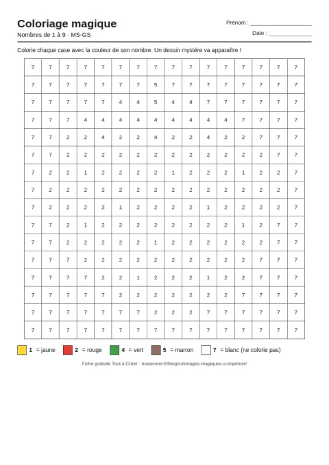 Coloriage magique à imprimer, nombres de 1 à 9 (MS-GS), fiche 2 en PDF avec solution