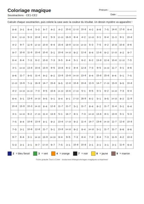 Coloriage magique à imprimer, soustractions (CE1-CE2), fiche 2 en PDF avec solution