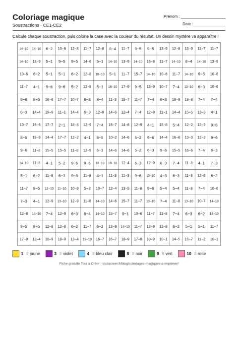 Coloriage magique à imprimer, soustractions (CE1-CE2), fiche 1 en PDF avec solution